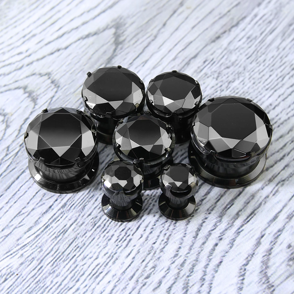 AOEDEJ 1Pair Stainless Steel Ear Tunnel Plugs Zirconia Ear Expander Stretcher Black Crystal Ear Gauges Body Piercing Jewelry