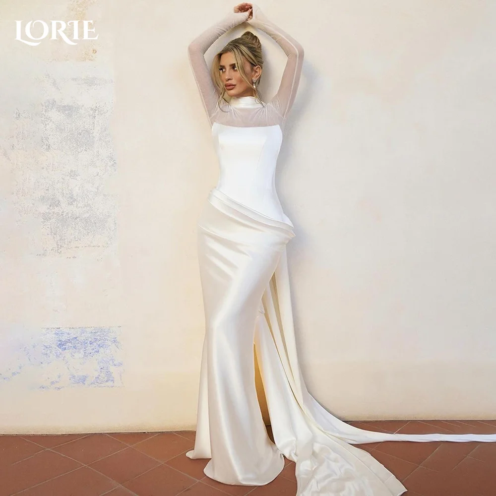 

LORIE High Collar Mermaid Wedding Dress Pleats Long Sleeve Muslim Bridal Gown Customized Backless Bride DressSaudi Dress Dubai