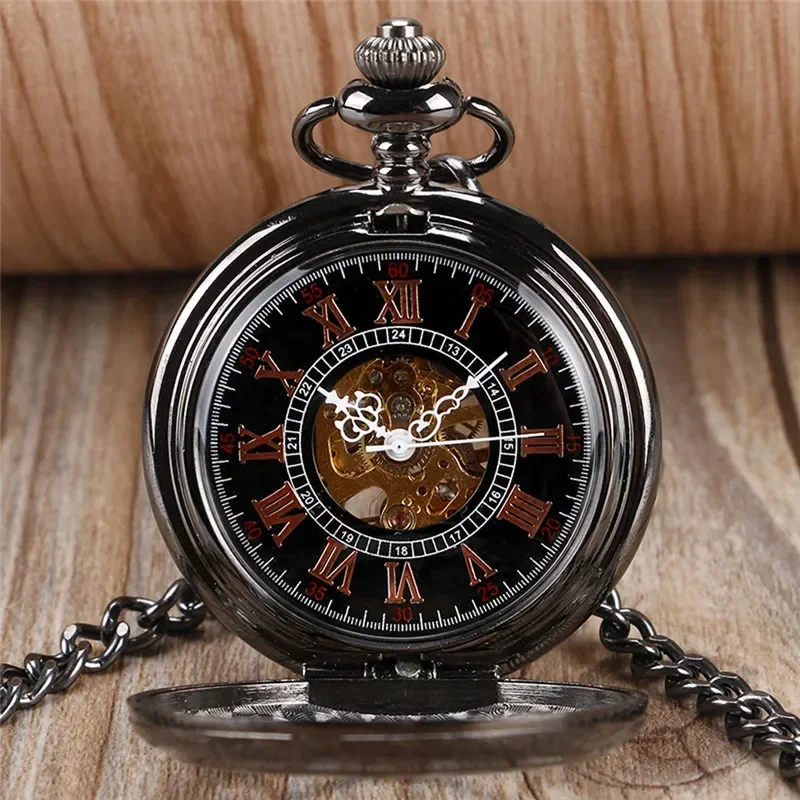 Classical Full Black Pocket Watch Hollow Out Case Unisex Handwind Mechanical Pocket Watch with Pendant Chain Rero Skeleton Clock