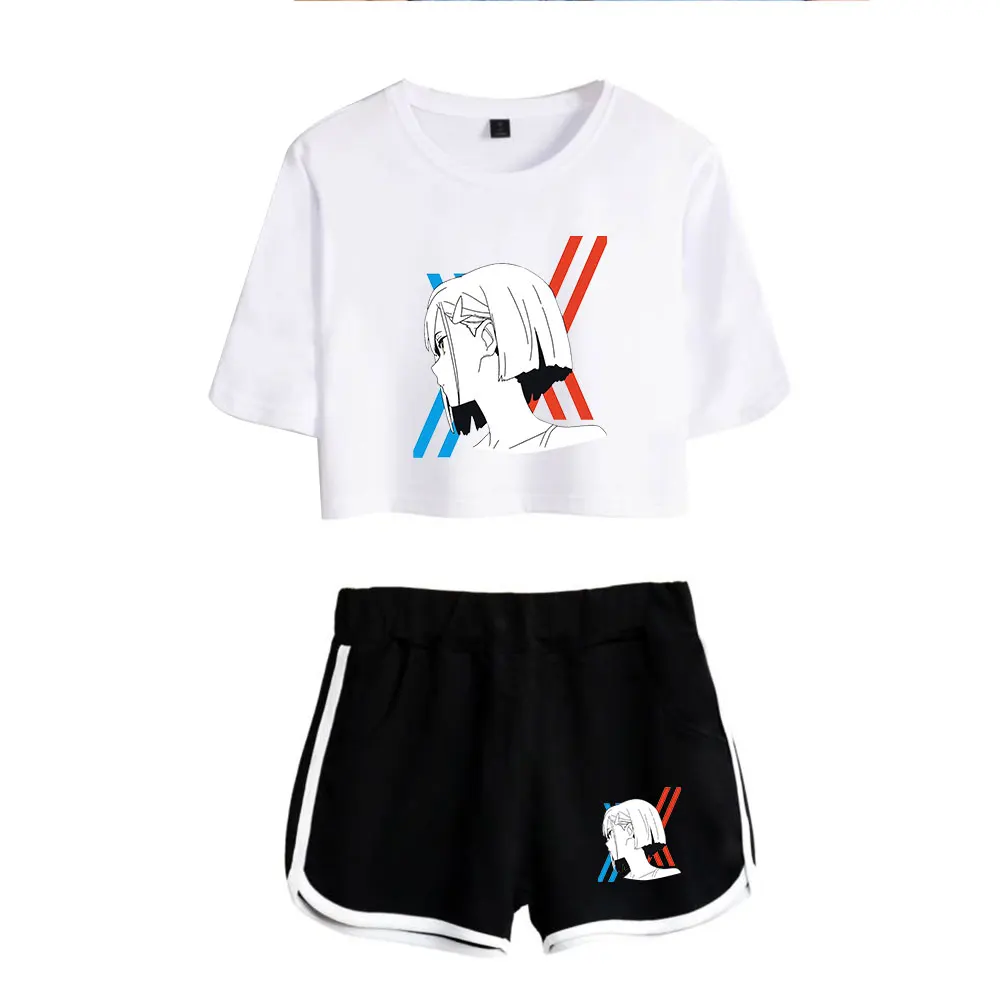 Cartoon Cute DARLING in the FRANXX Exposed Zero Print Cool Sexy Shorts+lovely T-shirts Dew navel Pretty Girl suits Two Piece Set