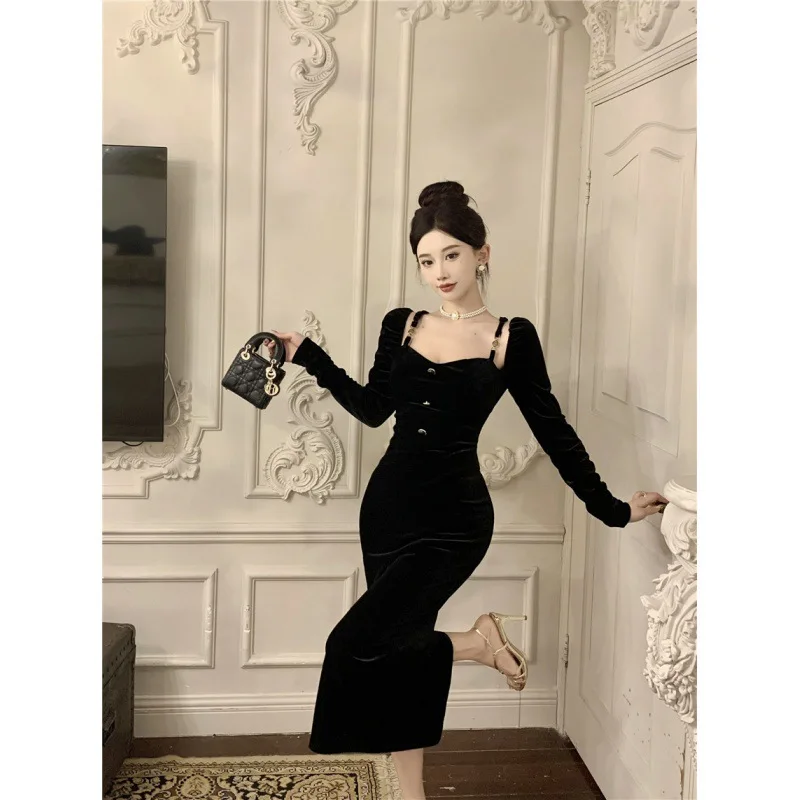 French Elegant and Pretty Women's Dresses Velvet Square Collar Solid Black Dress Autumn and Winter New Ankle-length Long Dresses