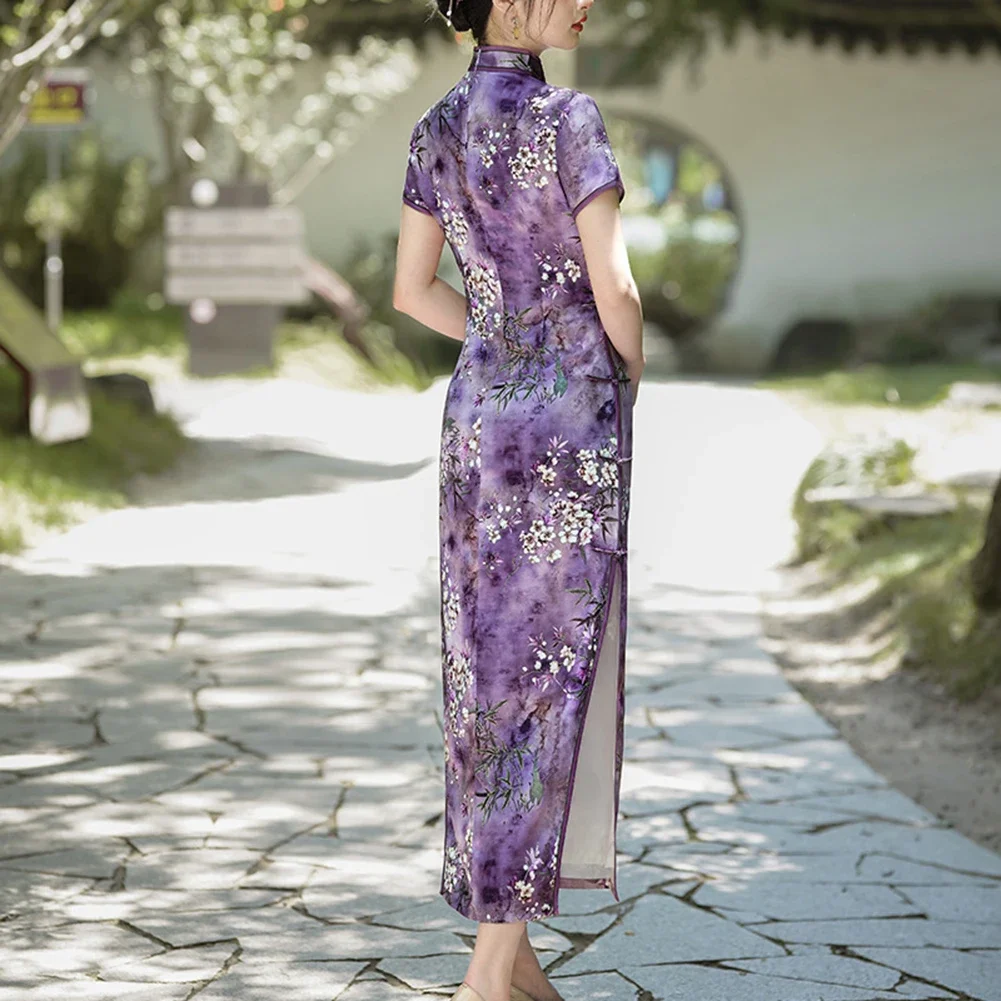 Vestuário de desempenho estilo chinês cheongsam banquete desempenho 2xl tecido fino durante toda a temporada usar padrão floral