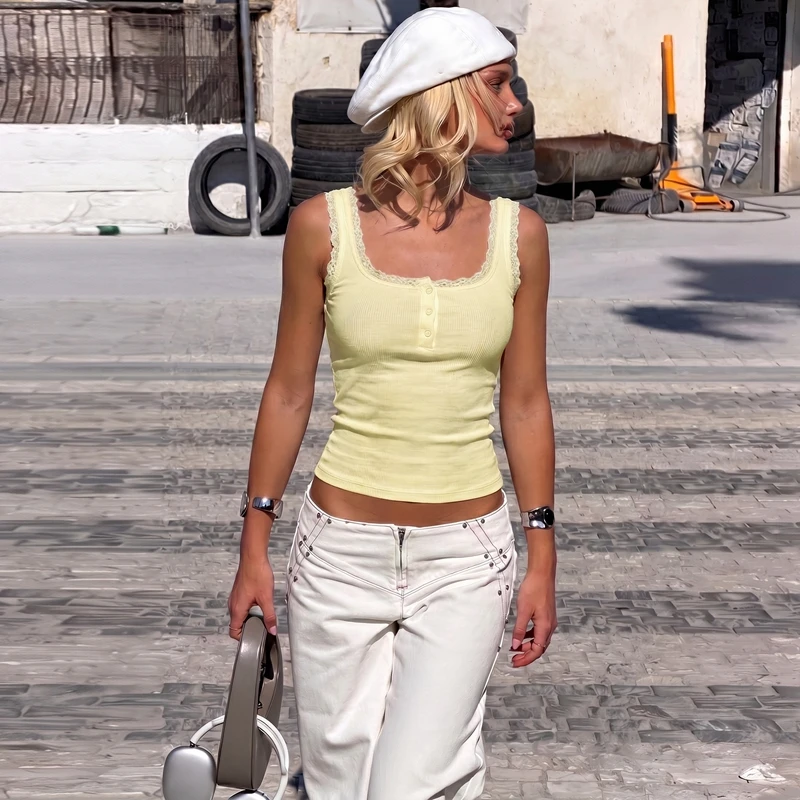 Hugcitar Geripptes Crop-Top mit quadratischem Kragen, Trägern, Patchwork, Spitze und Knöpfen, sexy Crop-Top für den Sommer, Damenmode-Outfit, Streetwear, Yoga, Club – Detail 15