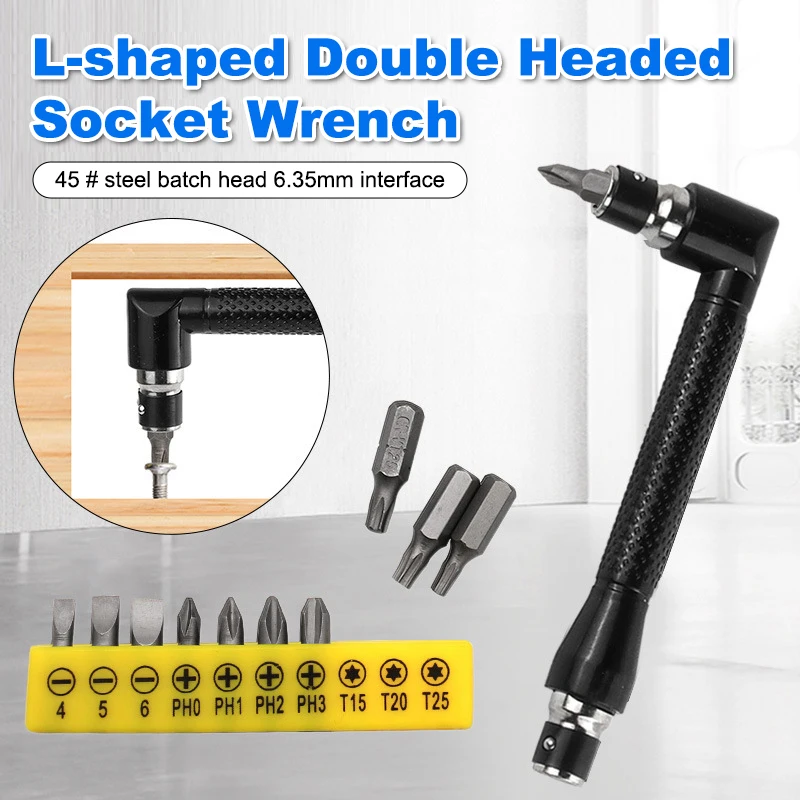 L Type 1/4 Hexagon Screwdriver Bit 90 Degree Double End Handle Black 6.35mm Wrench Tool For Matching Bits Set