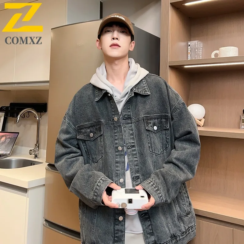 

COMXZ 2025 Американская уличная свободная джинсовая куртка мужская весенняя винтажная рабочая одежда с отложным воротником тяжелая модная унисекс