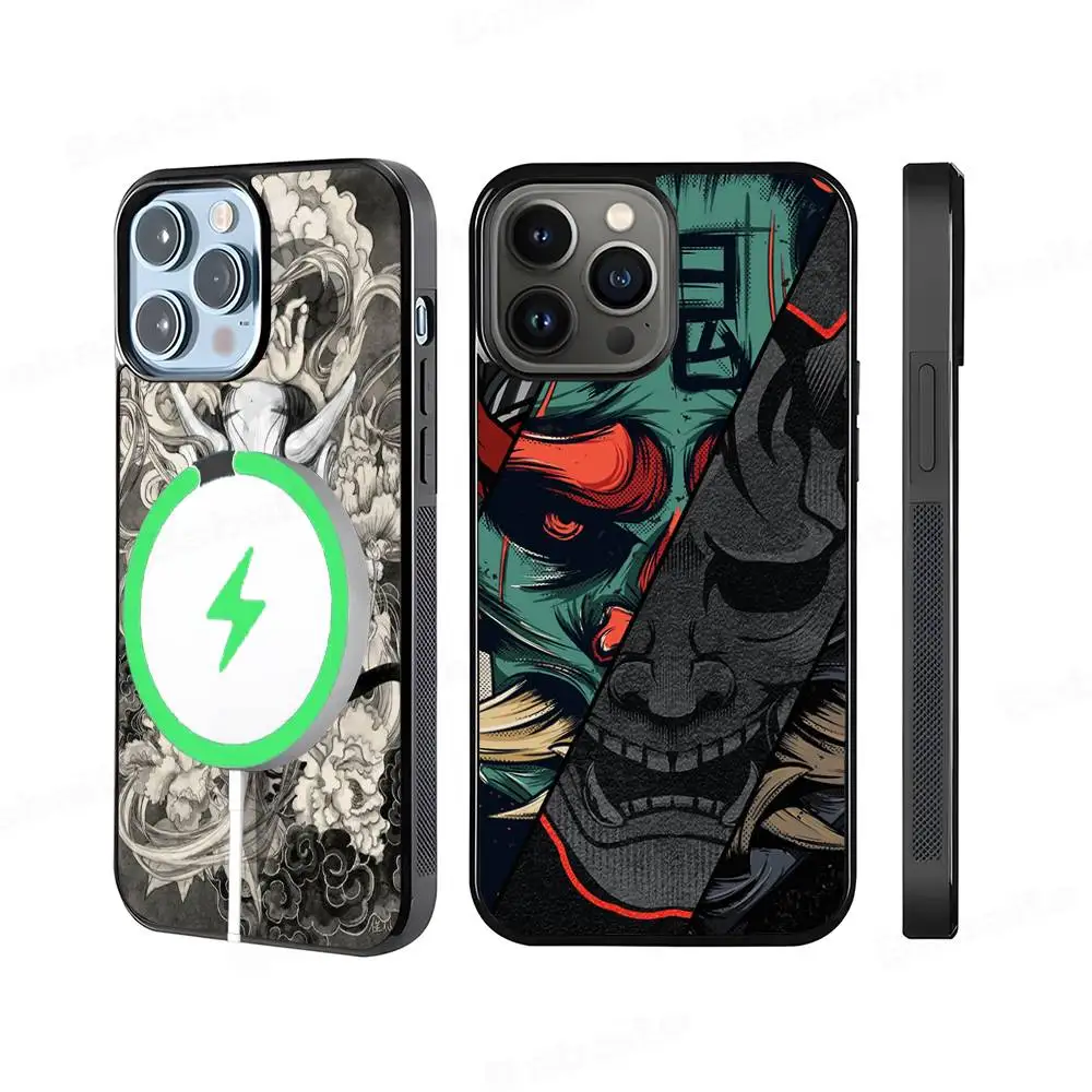 Coque de téléphone japonaise Ghost Face samouraï, étui magnétique pour iPhone 17 16 14 13 12 11 15 Pro Max Plus pour Magsafe, couverture de Charge sans fil