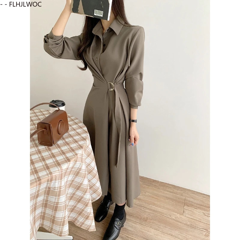 시크한 한국 의류 여성 기질 오피스룩 우아한 기본 무지 빈티지 레이스업 셔츠 드레스 여성스러운 베스티도스