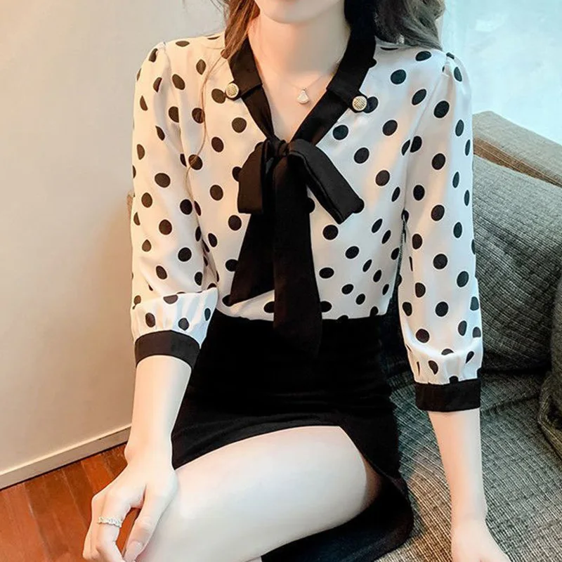 Polka Dot Chiffon Shirt Women\'s Clothing 2023 Spring Summer Bow Lacing Loose-fitting Three Quarter Sleeve Color Block Blouses