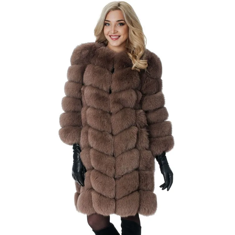 

KIDCRKJ Winter Women's Long Trench Coats Round Neck Plaid Female Faux Fox Fur Coat Luxury Warm Fluffy Female Mink Fur Jacket