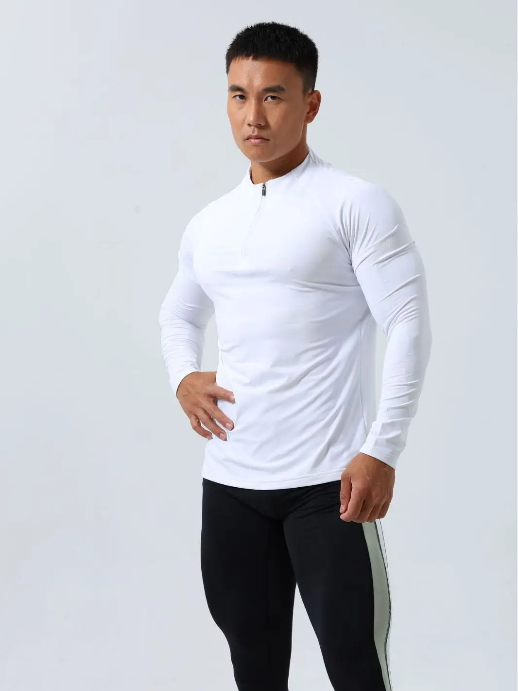 Men\'s Autumn Zipper Elastic Tight Long Sleeve Outdoor Breathable Sports Fitness Leisure Running Training Youth Warm Solid Color