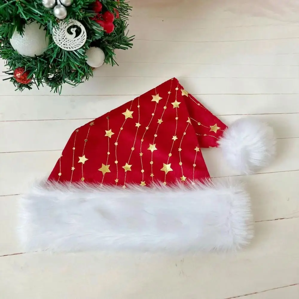 Unisex Fluffy Brim Golden Star Christmas Hat Red with Ball Santa Hat Velvet Thickened Christmas Decorative Hat Gift 5