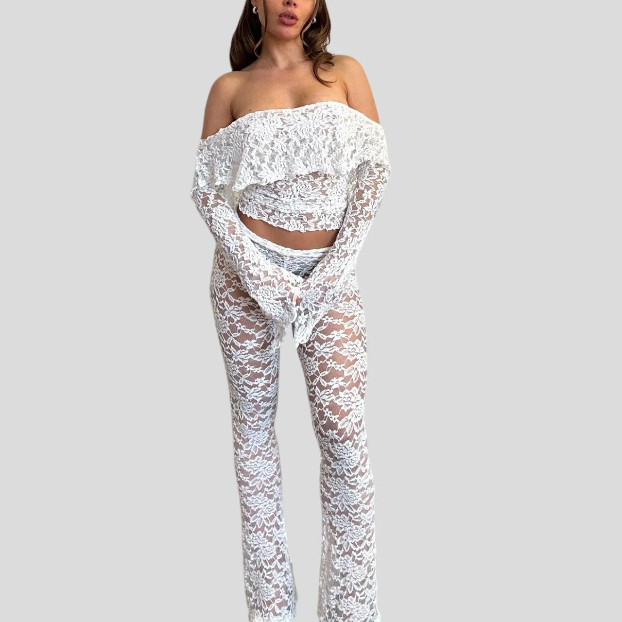 

Lace Sexy 2 Pcs Sets Jacquard Off Shoulder Cropped Women Tops Elastic Waist Jumpsuit Hipster Stretch Midnight Street Overall