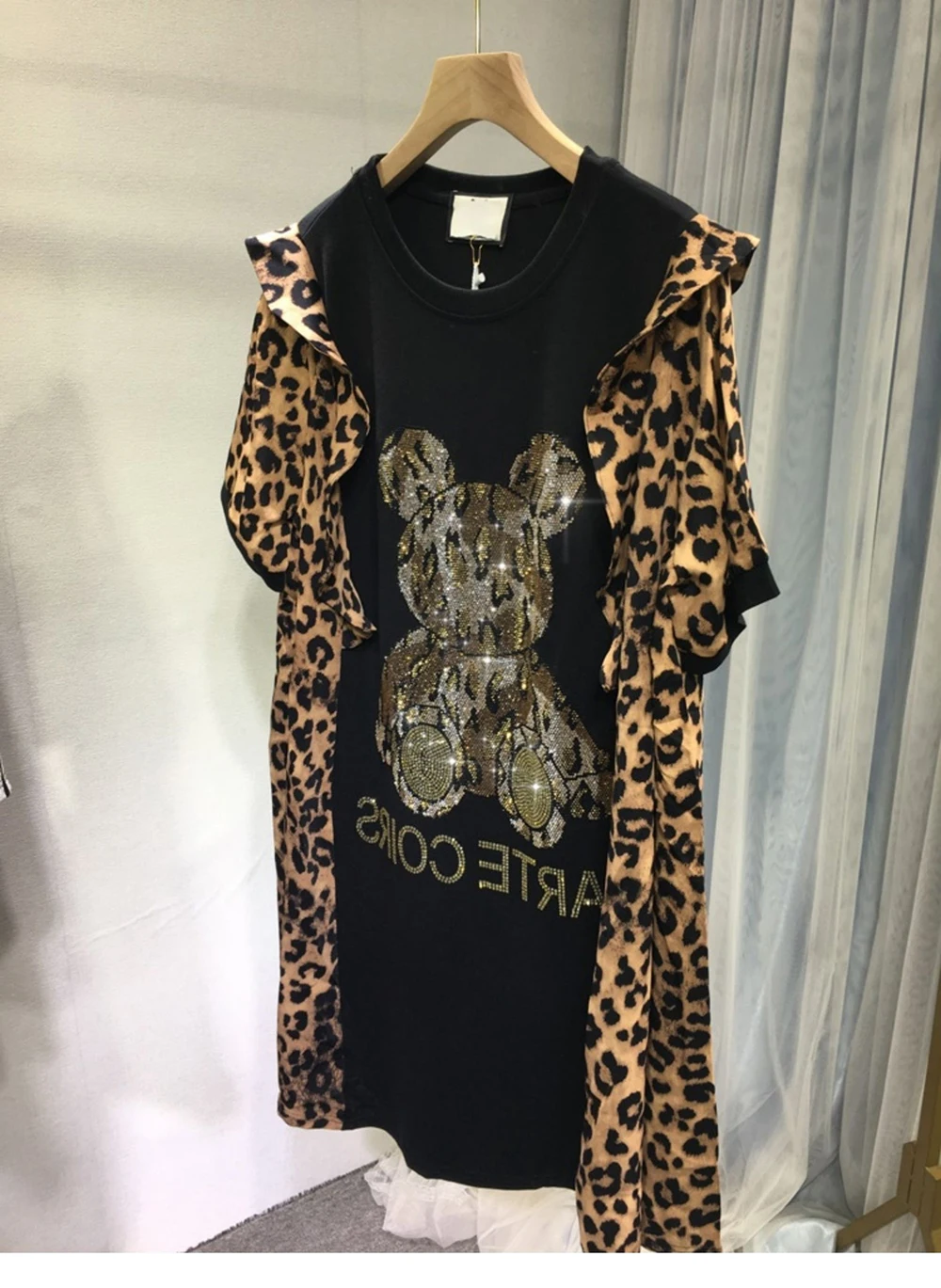 

Женское летнее платье больших размеров со стразами, леопардовый принт, черный край гриба, топ с короткими рукавами и животными, средний и длинный топ