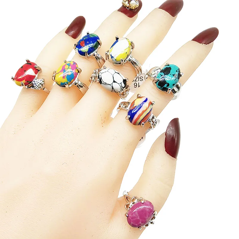 20pcs/Lot Wholesale Colorful Oval Natural Stone Finger Rings For Women Bohemia Mix Style Silver Color Hollow Alloy Metal Jewelry