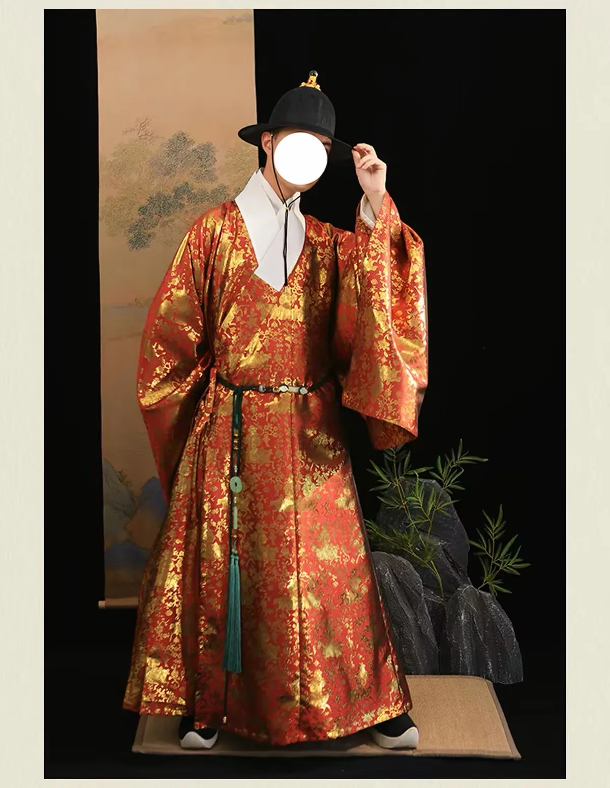 Men Ming Dynasty Hanfu Round Collar Robe, Traditional Chinese Ancient Costume Brocade Gown for Cosplay Wedding Photo Shoot Stage
