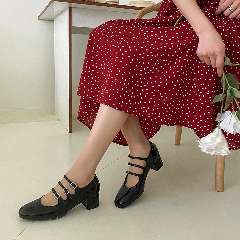 Women Pumps 4cm Mary Jane Shoes Retro Style High Heels Elegant Buckle Lady Shoes Round Toe Spring Atumn Real Leather talon femme