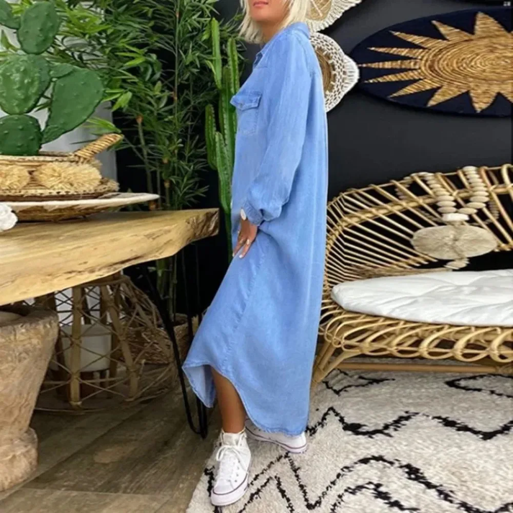Women's L-5XL Plus Size  Fashion Long Dress Long Sleeve Shirt Dress Women's Denim Long Dress Pocket Button Shirt Casual Loose