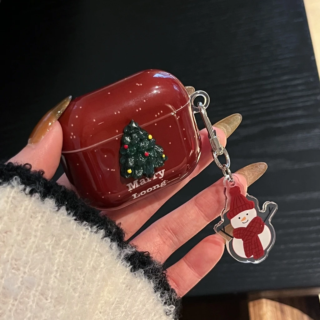 Árvore de natal estereoscópica fundo vermelho respingo-tinta boneco de neve pingente capa para airpods 1 ou 2 3 4 airpods pro pro 2