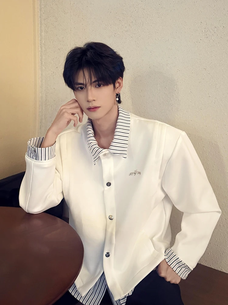 

Men's Striped irt-Jaet Patchwork Design Autumn High-End Sensation Casual Sle Long Sve Comfortable Fit Stand Edition