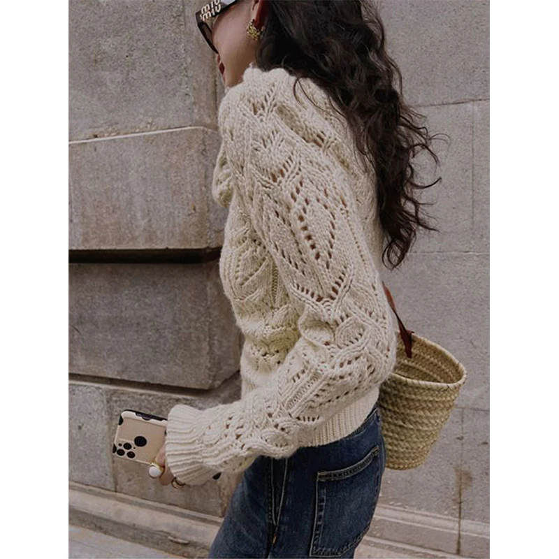 Vintage Cropped Sweater Women Elegant Hollow Out Knitted Pullovers Streetwear Korean Knitwear Spring Office Lady Casual Jumpers