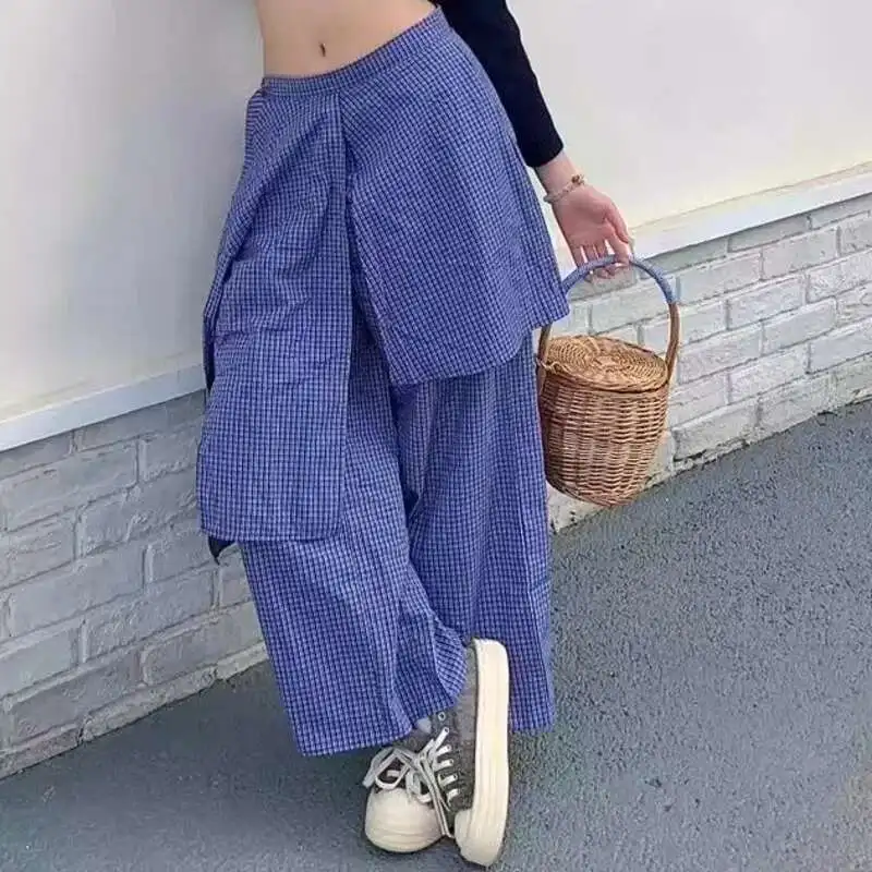 

Asymmetrical Patchwork Design High Waist Trousers Summer Thin Women Chic Loose Casual Blue Plaid Wide Leg Pants