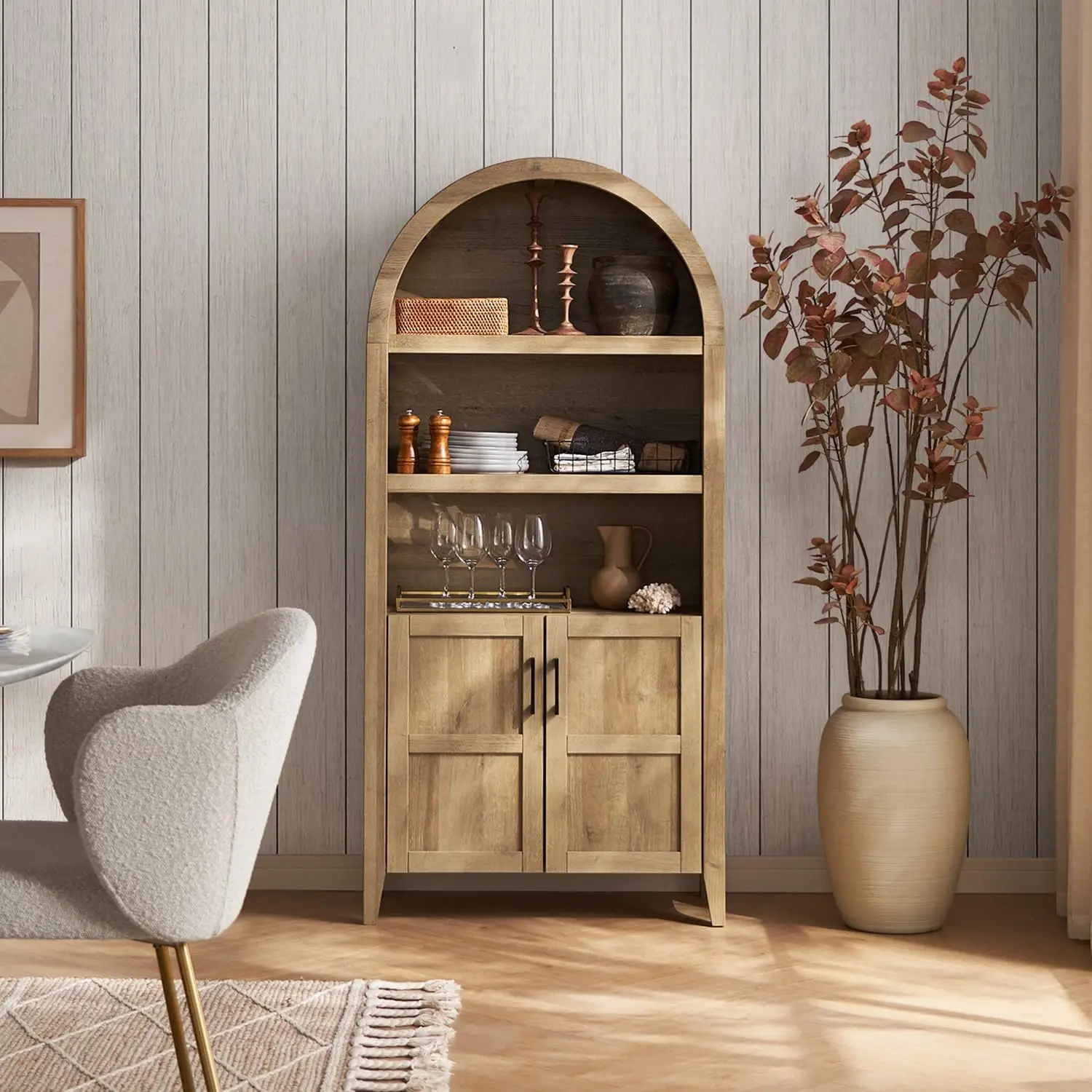 Short arched cabinet, 5 level arched bookcase with door and bookshelf, mini arched bookcase with storage, kitchen pantry