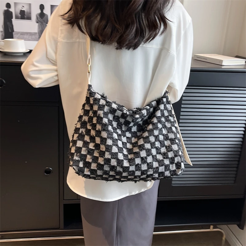 Checkerboard Women\'s Bag 2023 Trend Denim Shoulder Bag Jean Eco Bag Korean Large Capacity Messenger Bags College Student Satchel