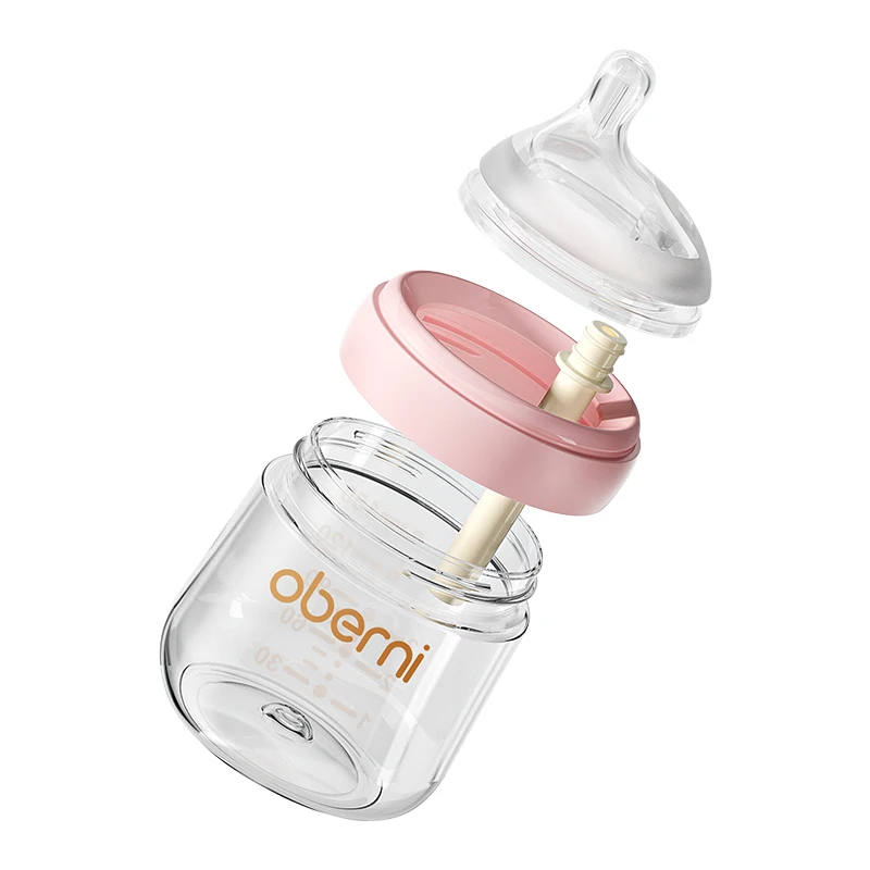 Oberni a new vent baby glass milk bottle anti colic feeding bottle for newborn baby 150ml 5OZ that mimics breast nipple