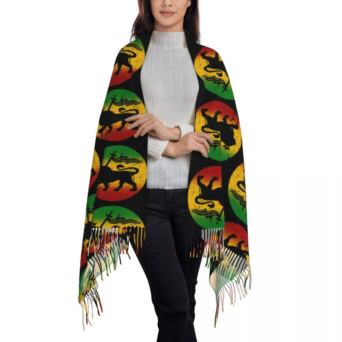 Lion Of Judah Rasta Jamaican Reggae Scarf Tassel Scarves for Women Soft Warm Shawls and Wraps Large Fall Winter Shawl Wrap