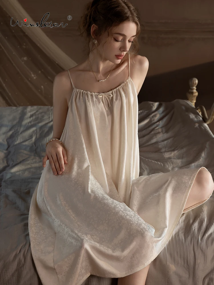 

Winsleter-Women Sexy Suspender Strap Nightgown, Slash Neck Jacquard, French Bride Loose Sweet Pajamas, 2025 Summer New P57007CC