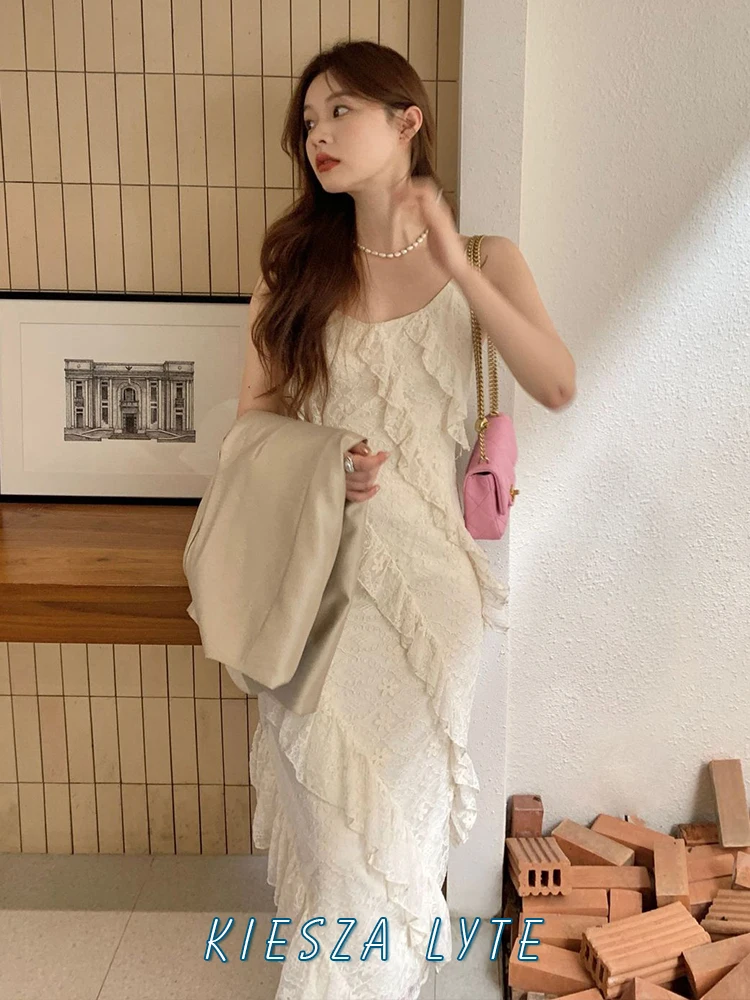 

2024 spring summer New French Style Layered Ruffle Hem Design Vest evening dresses Korean Long Apricot Sexy Dress for Women