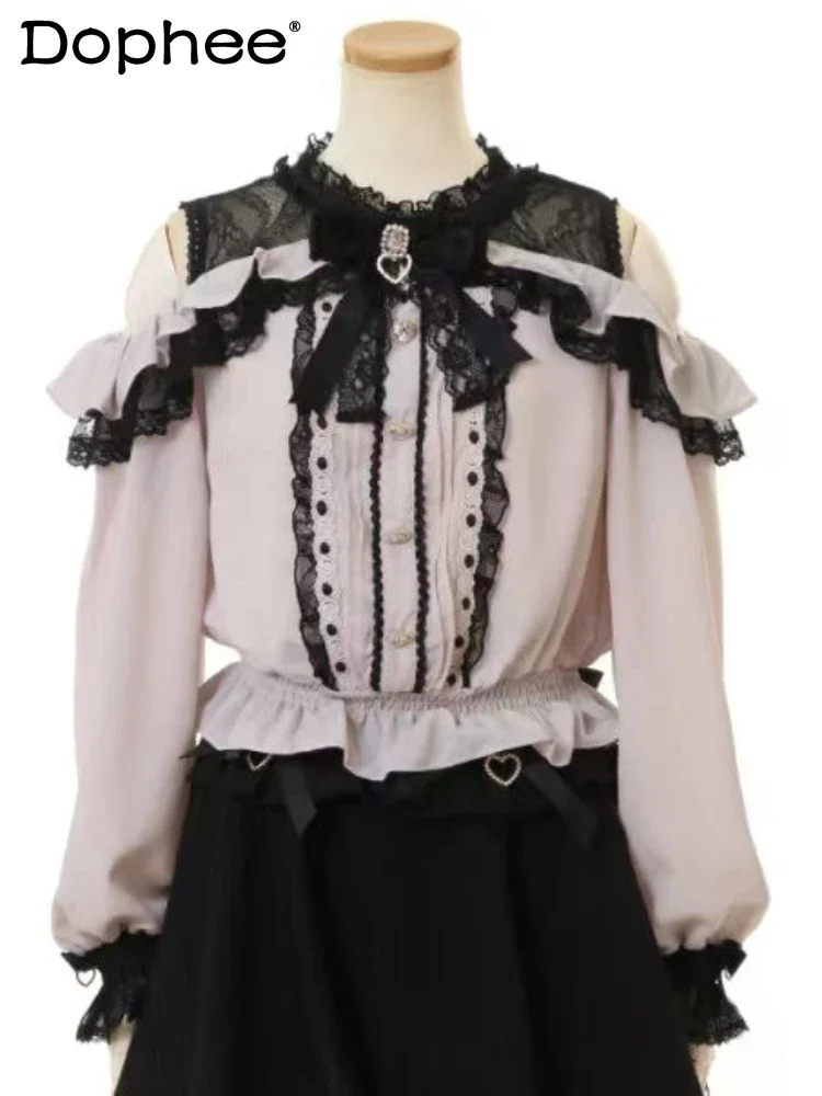 

Japanese Style Lace Patchwork Cold-Shoulder White Shirt Women 2023 Spring Autumn Long Sleeve Round Neck Bowknot Blouse Female