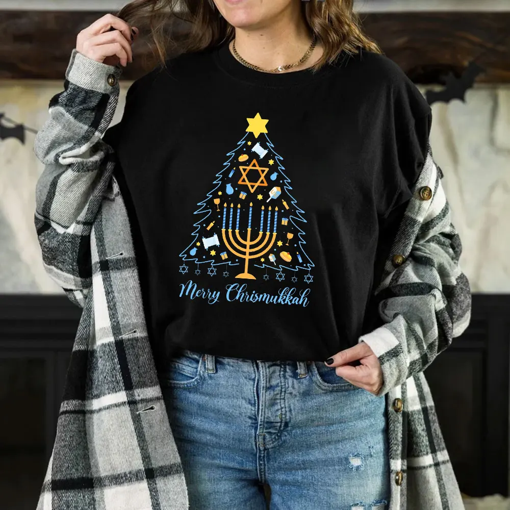 Hanukkah Menorah Printed T-shirt Hanukkah Holiday Jewish Religious Ritual Shirt Woman Man Cotton O-neck Short-sleev Tops Tee