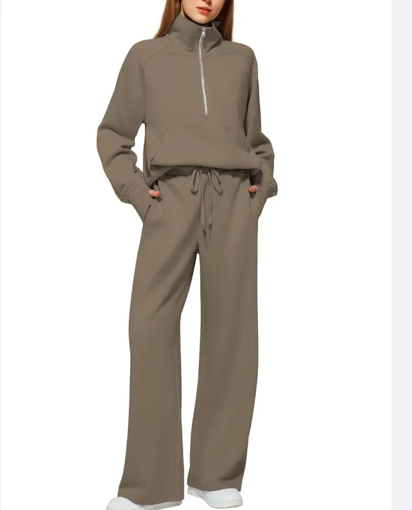 2 Pcs/Set Women Top Pants Set Half Zipper Turn-down Collar Long Sleeves Sweatshirt Elastic Waist Wide Leg Sweatpants Tracksuit