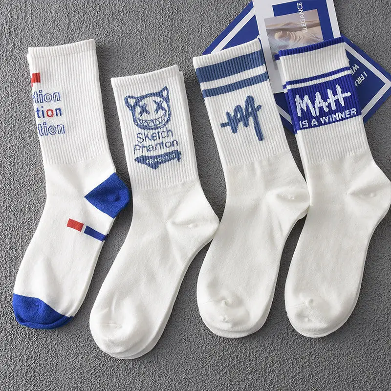 5PCS Cotton Socks Trend Middle Tube Student Sports Basketball Socks Blue Long Tube Socks Aesthetic Crew Funny Socks