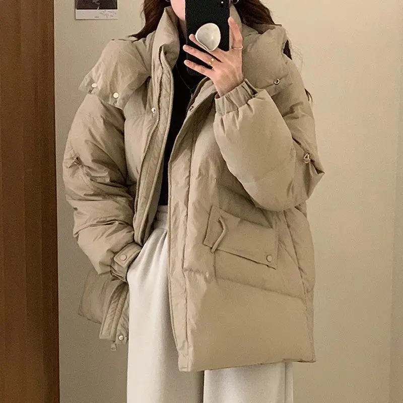 Women's Mid Length New Winter Down Jacket Korean Fashion Sleeve Drawstring Design 2024 White Duck Down Bread Jacket