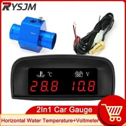 Automobile 2-in-1 LCD Instrument Horizontal Celsius Water Temperature Gauge Voltmeter Red Light Digital Instrument DC 12V~24V