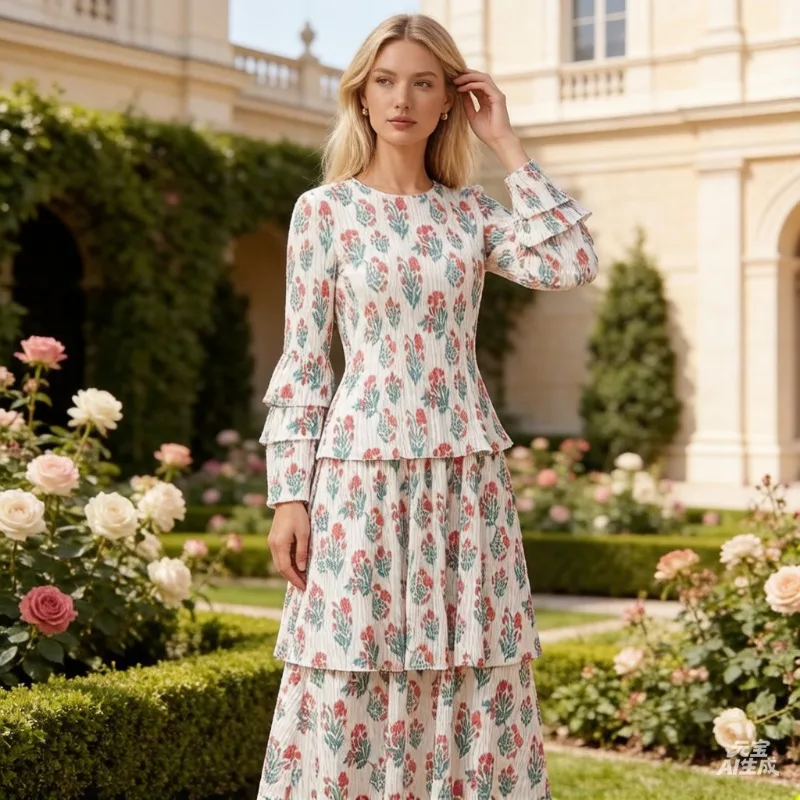

Miyake Pleated Spring 2026 New Arrival Floral Print Pleated Dress for Women Designer Ruffled Long-Sleeved Tiered Skirt Pleat