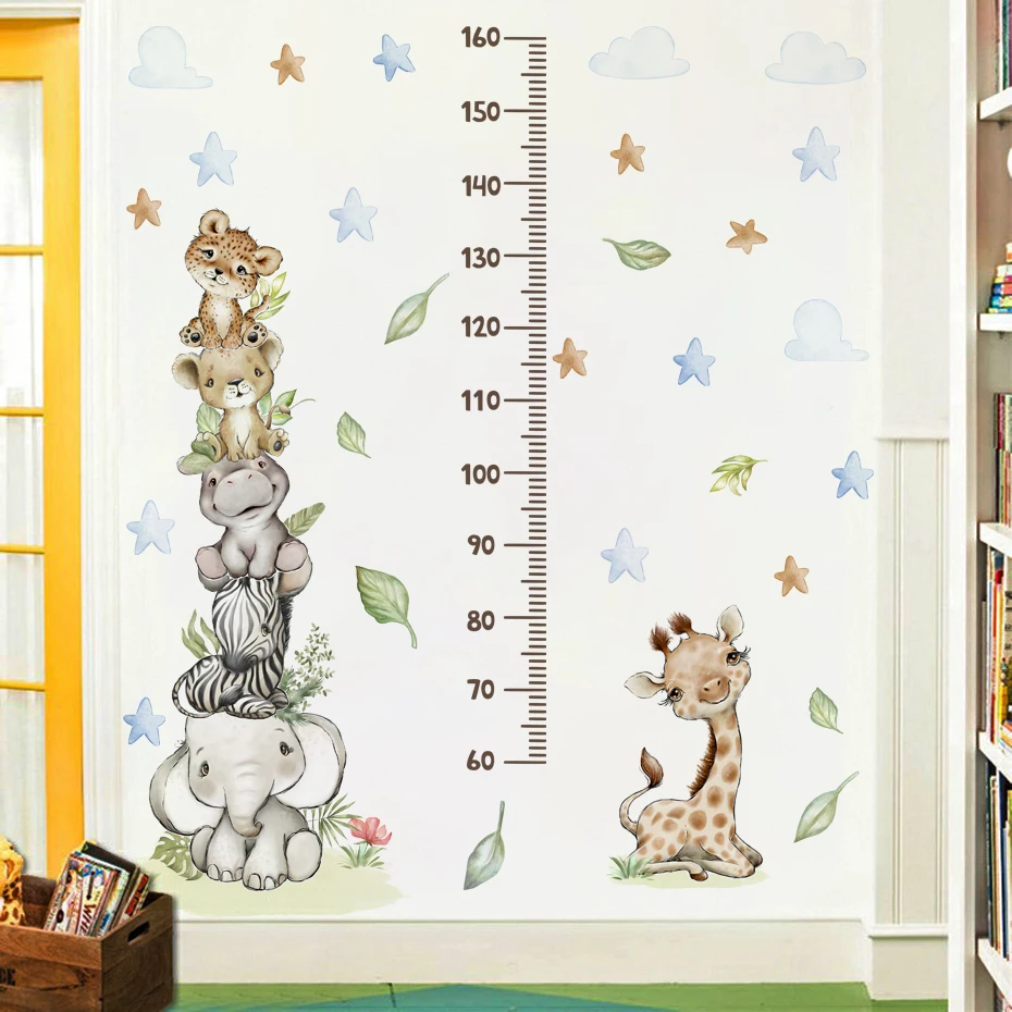 Cartoon Africa Animals Elephant Giraffe Height Ruler Wall Stickers for Waterproof PVC Kids Room Kindergarten Home Decoration