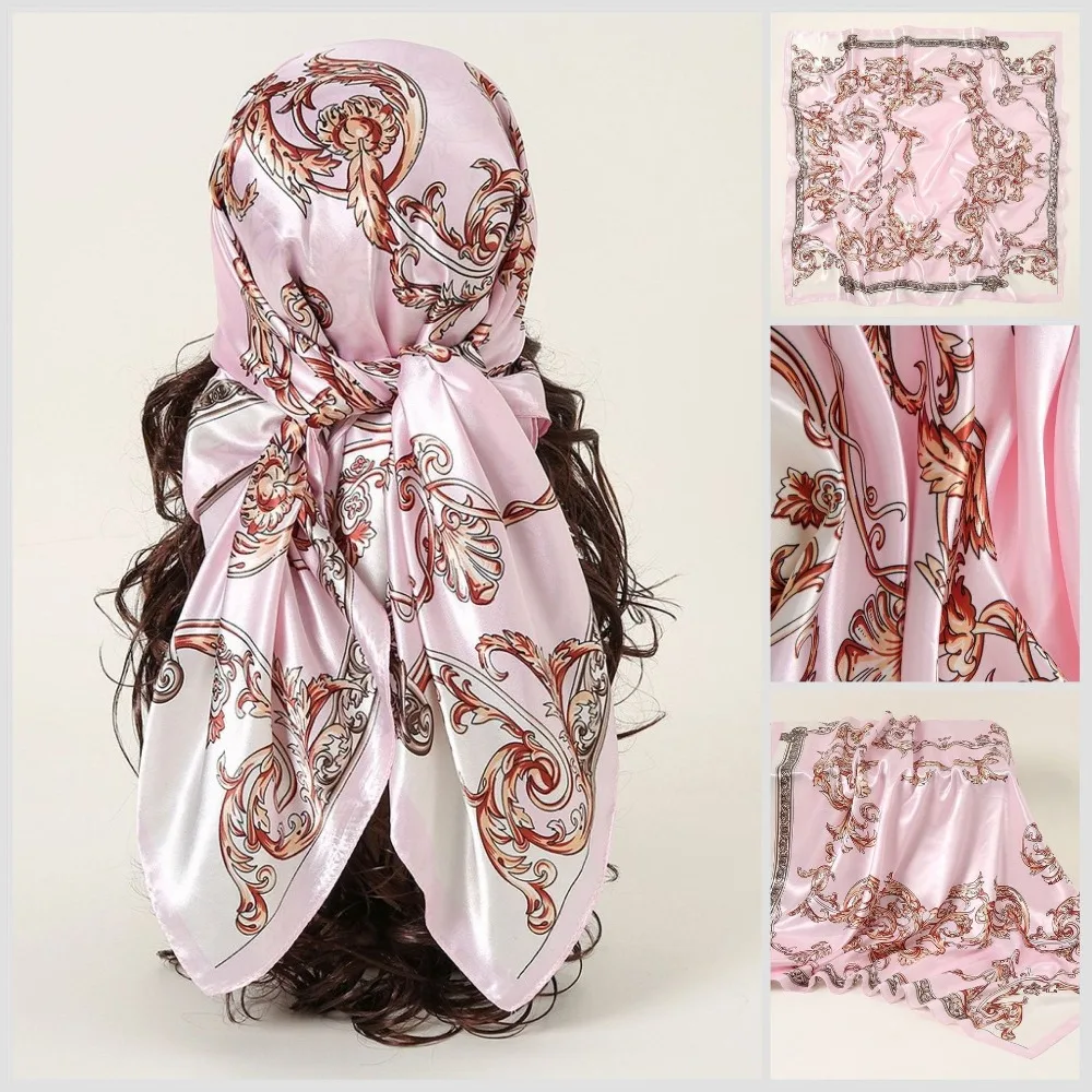 

Fashion Printed Women Head Scarf Square 90*90cm Large Hair Bandana Satin Silk Soft Female Shawl Wrap