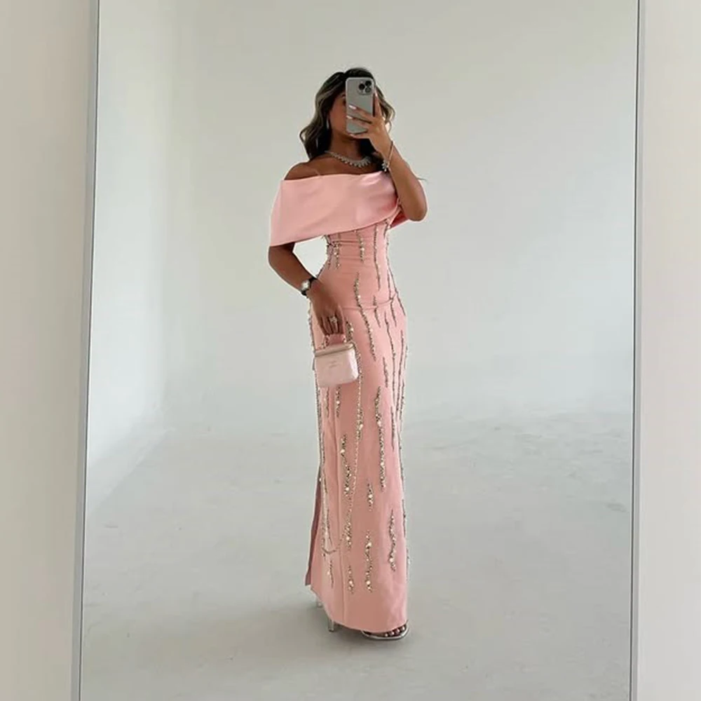 

Flechazo Off the Shoulder Pink Evening Dress Beading Straight Back Slit Floor Length Customized Banquet Party Prom Gowns