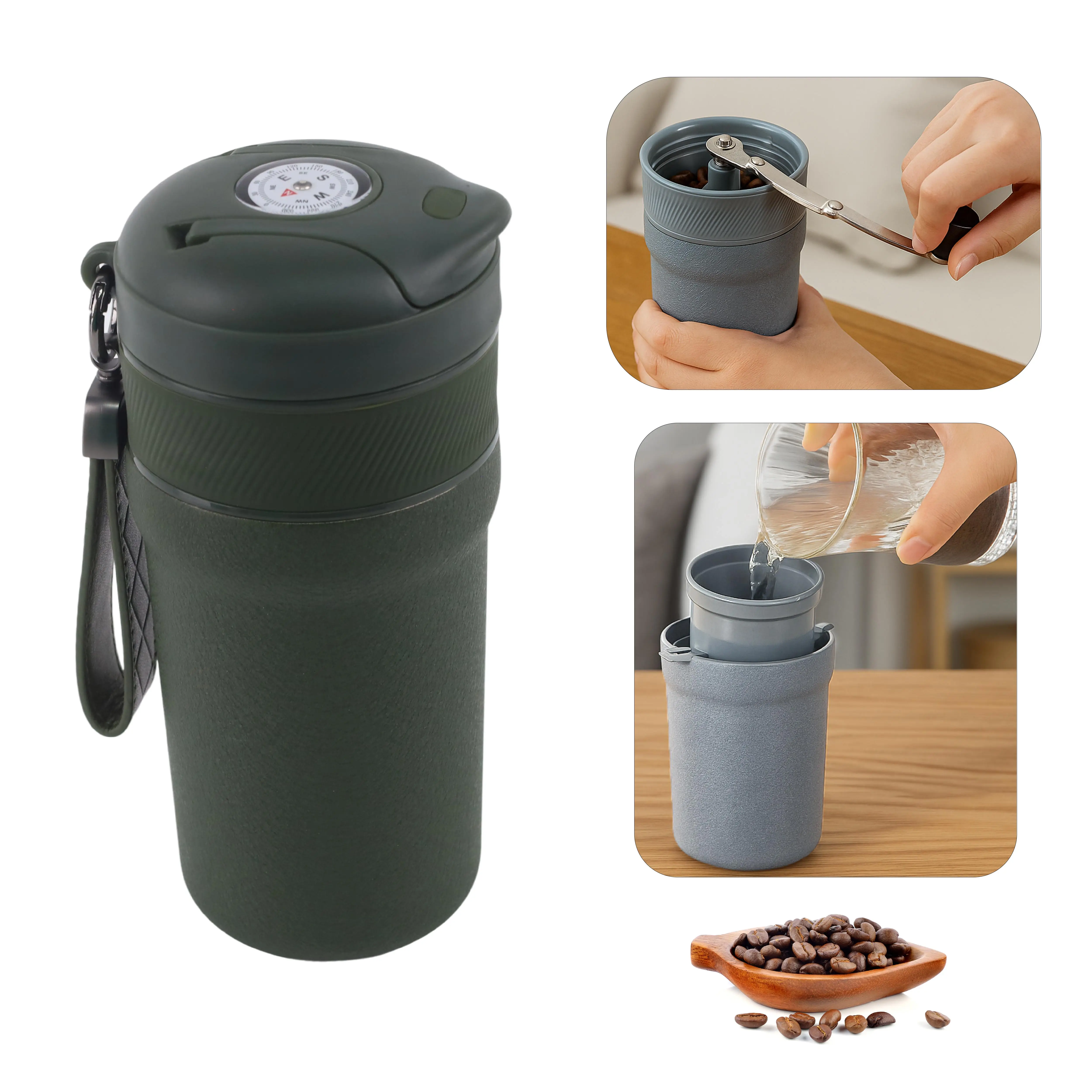 

All-in-One Outdoor Manual Coffee Grinder Filter Mug 316 Stainless Steel Insulated Travel Cup with Compass Lid and Leather Strap