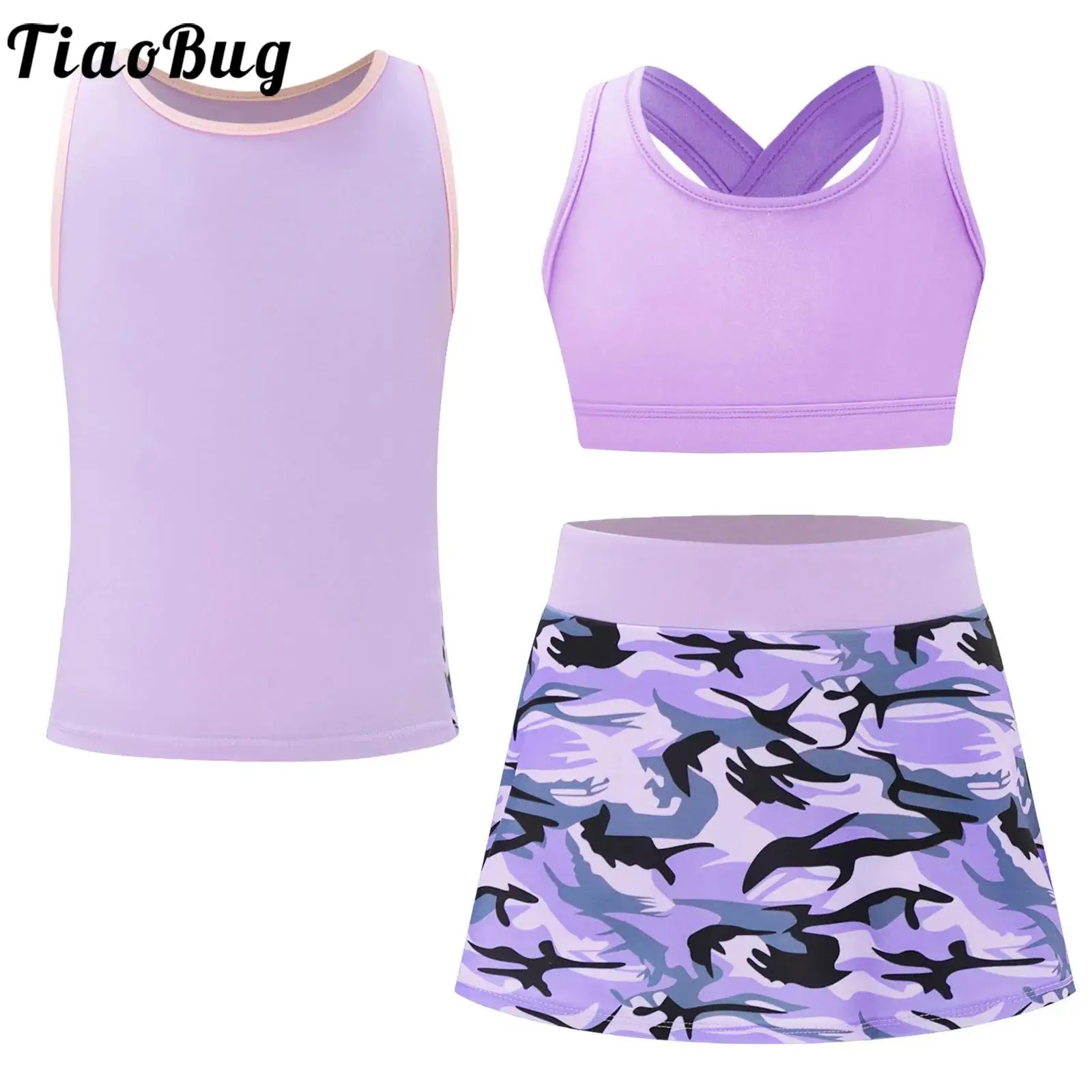 Kids Girls Sports Set Printed Tennis Tracksuit U Neck Keyhole Crop Top Sport Wear with Vest Skirt for Golf Running Workout Yoga