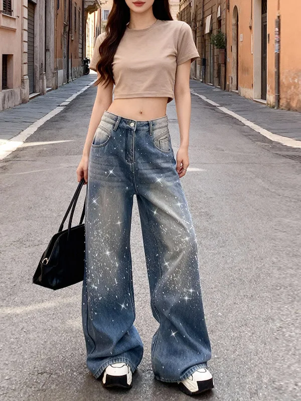 

Spring 2026 Retro Glittering Rhinestone Casual High Waist Slimming Straight Leg Wide Leg Jeans Women's Faion Ele