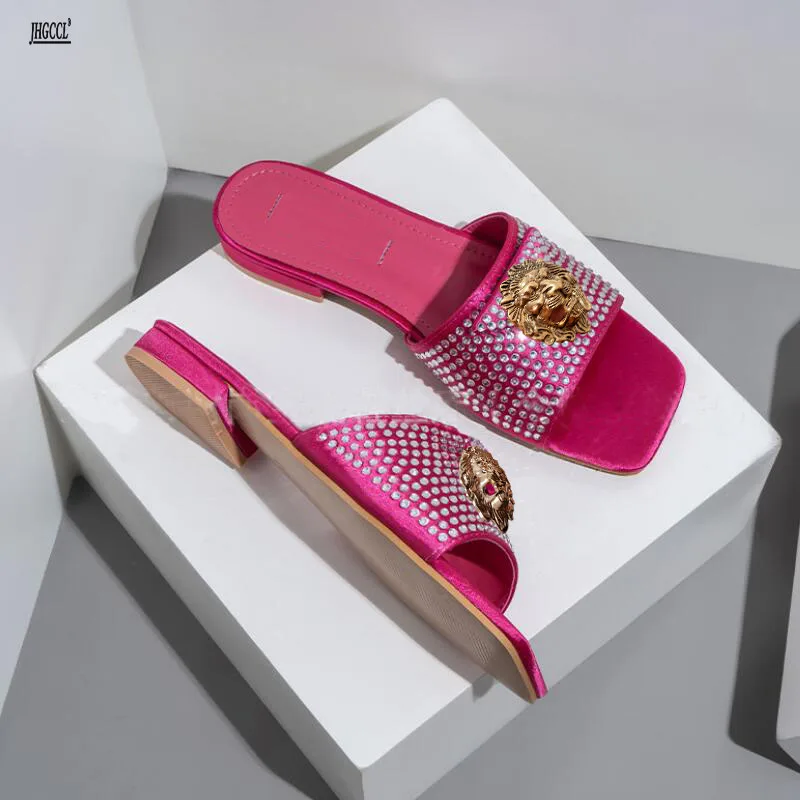 High-End-Diamant-Rosen-rote Damen-Hausschuhe mit Fischmaul am Rücken, hohler Löwe, coole Hausschuhe, Strass-Hausschuhe, Kettentaschen-Set B9