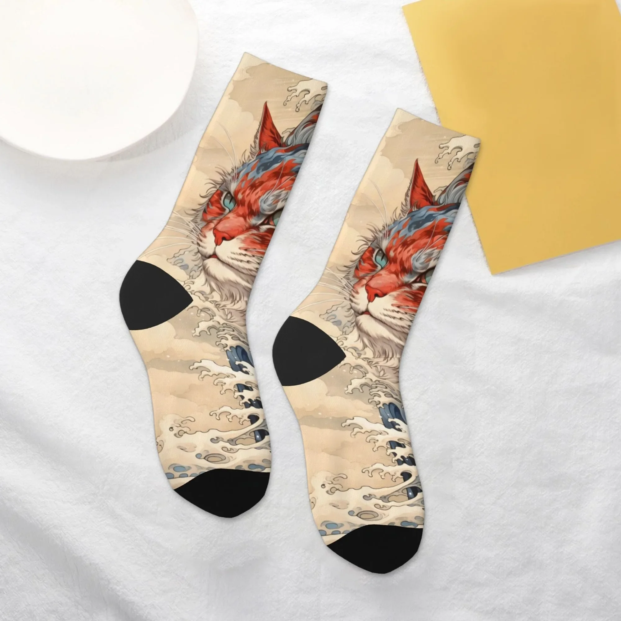 Kaus Kaki Seni Lukisan Kucing Retro Ukiyo-e Gaya Harajuku Unisex Kasual Nyaman Kaus Kaki Fashion Unik Lucu Kaus Kaki Bahagia Hadiah
