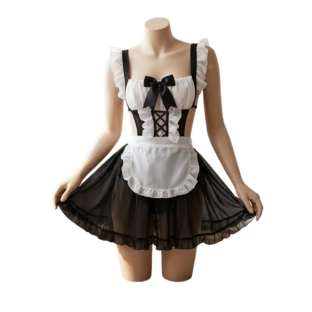 Maid Lingerie Set for Women Ruffle Trim Lace-up Cosplay Costume with Bowknot Apron and Headband for Role Play Bedroom