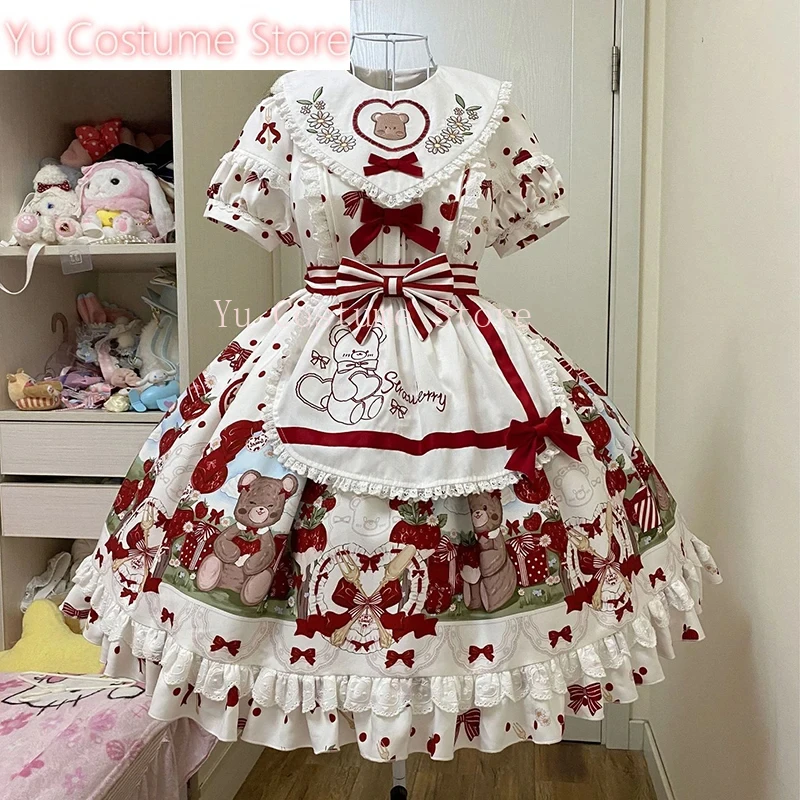 

Japanese Sweet Girl Lolita Dress Embroidered Bow Round Neck Puff Sleeve High Waist Slim Fit A-line Cute Print Short Dress 2025