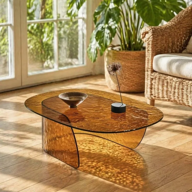 Modern Oval Acrylic Coffee Table Water Ripple Brown Top Sculptural Base Center Table for Apartment Living Room Furniture