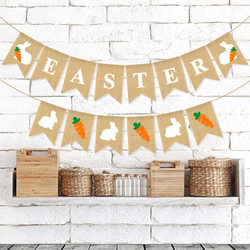 Easter Party Fish Tail Flag Carrot Rabbit EASTER Swallow Tail Flag Carrot rabbit Linen Flag Party Decoration Home Decoration